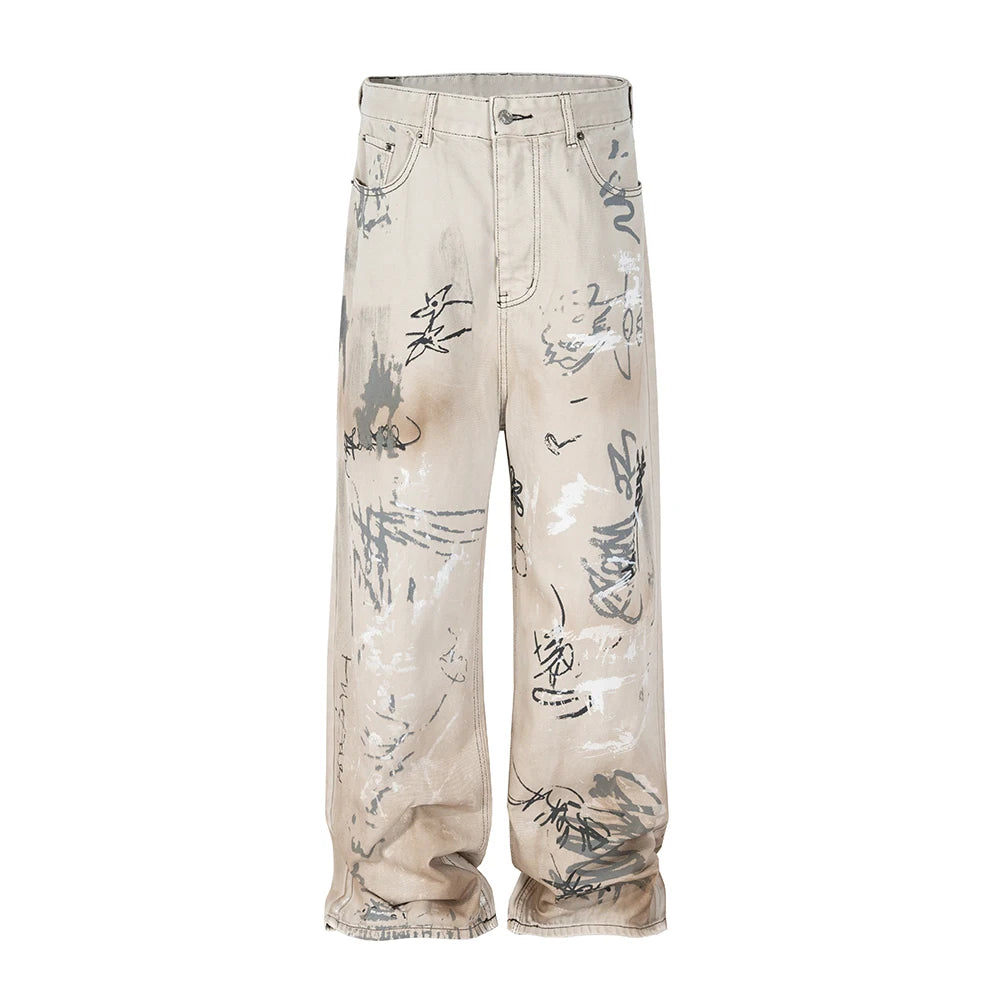 hand painted graffiti washed baggy jeans for men and women y2k streetwear pantalones hombre casual denim trousers oversized denim street jeans