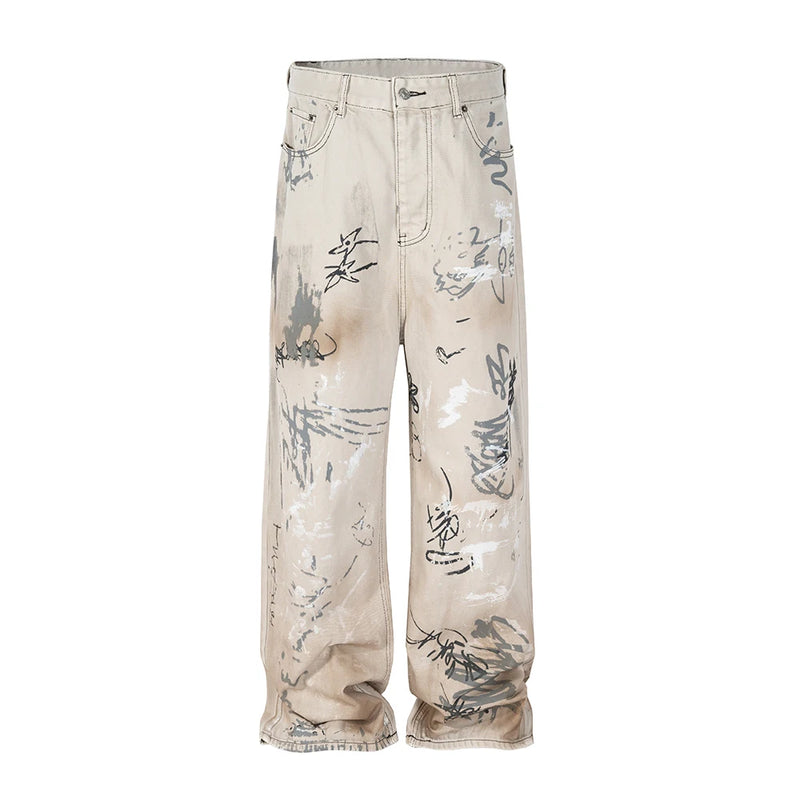 hand painted graffiti washed baggy jeans for men and women y2k streetwear pantalones hombre casual denim trousers oversized denim street jeans
