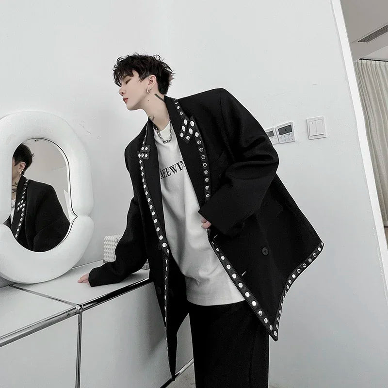 men streetwear fashion loose casual rivet hip hop party dress 2 piece suits blazers jacket pant sets stage clothing costume relaxed fit trousers