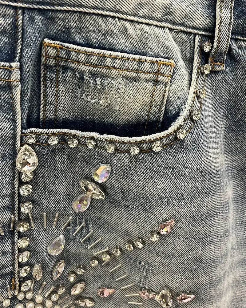 Denim Gym Shorts Men Women Y2K Hip Hop Retro Rhinestones Streetwear Shorts Gothic Baggy Jeans High Waist Basketball Shorts