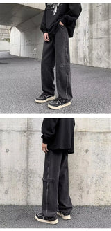 2023 cool design side zipper baggy men cargo jeans pants vintage brown straight cotton hip hop long trousers pantalones hombre unique cargo style 5836