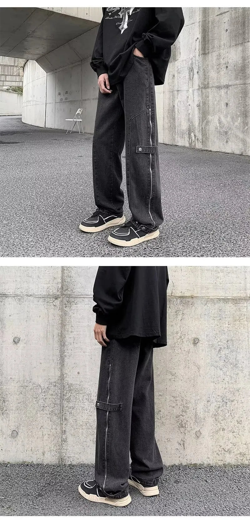 2023 cool design side zipper baggy men cargo jeans pants vintage brown straight cotton hip hop long trousers pantalones hombre unique cargo style 5836