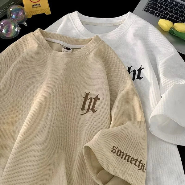 Glitchcore Aesthetic drop – 2024 Summer Letter Embroidered Waffle T Shirt Mens Y2K Vinta