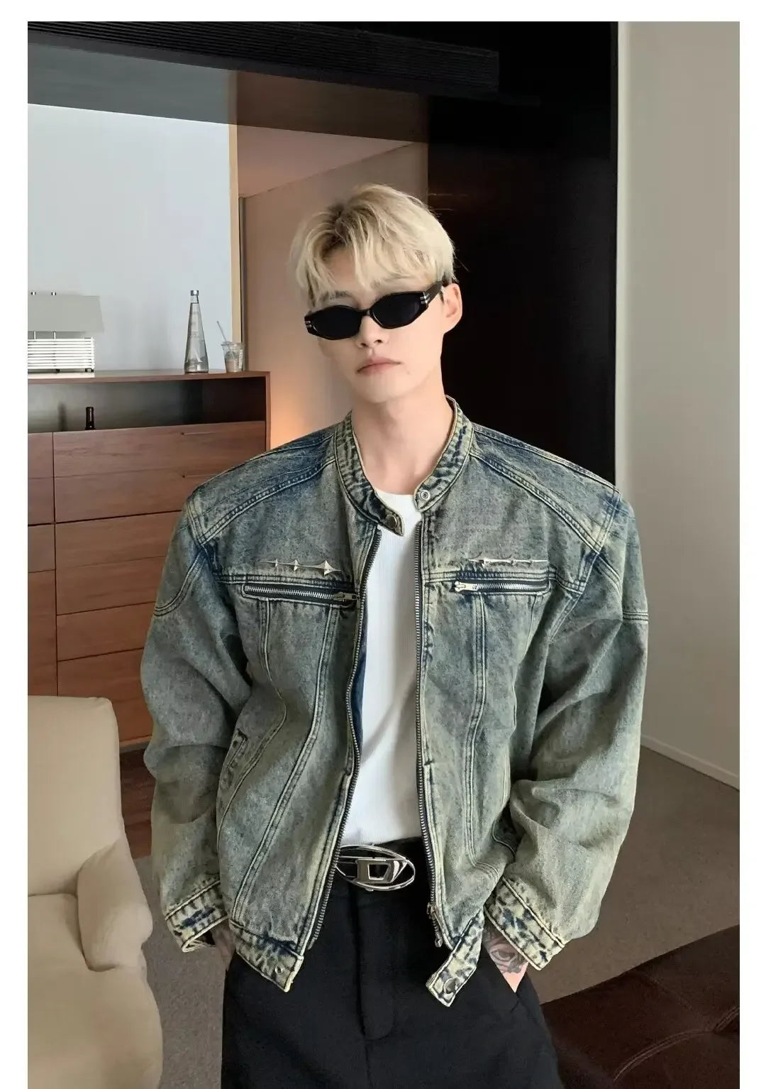 Mens Denim Jackets American Style High Street Zippers Coat Vintage Was