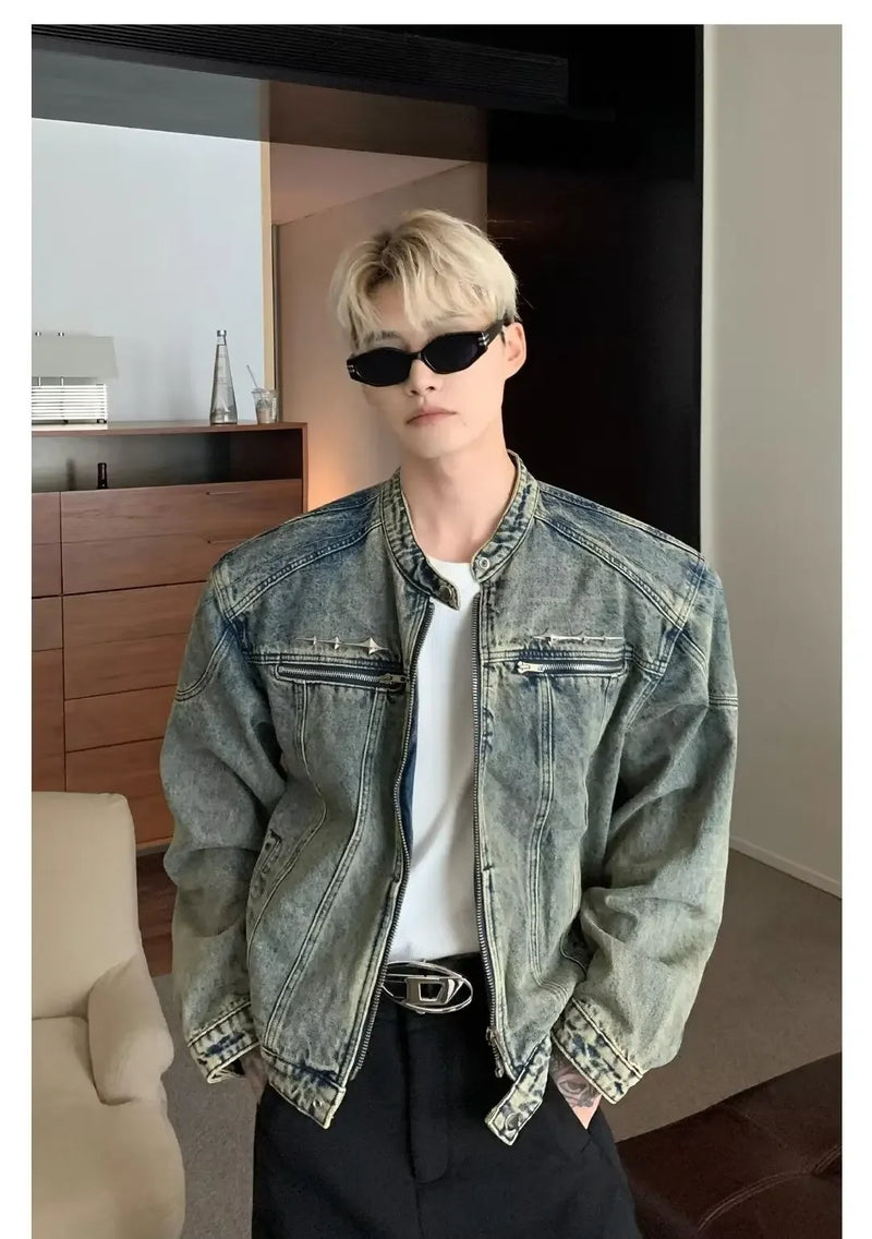 Mens Denim Jackets American Style High Street Zippers Coat Vintage Was