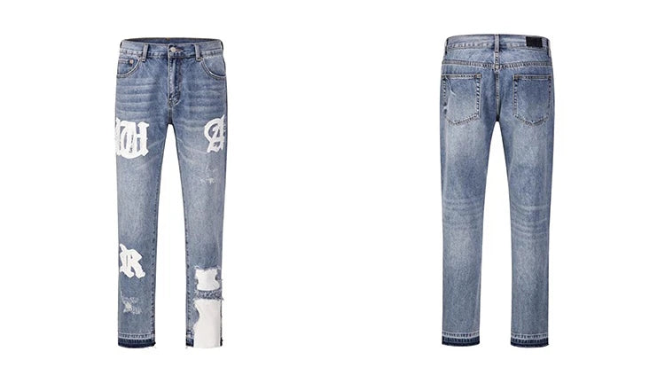 letters patckwork bottom ripped denim jeans men casual straight biker trousers fashion streetwear hip hop jean pants joggers unique joggers style 3740