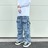 fashion loose streetwear cargo denim jeans unisex casual multi pocket wide legs jean pants hip hop joggers mens baggy jeans unique joggers style 2961