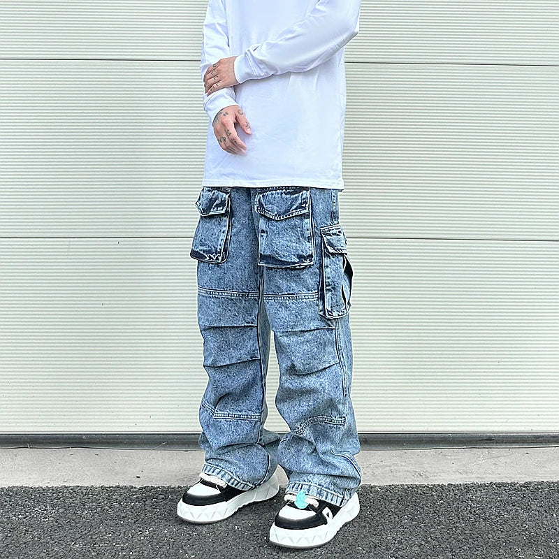 fashion loose streetwear cargo denim jeans unisex casual multi pocket wide legs jean pants hip hop joggers mens baggy jeans unique joggers style 2961