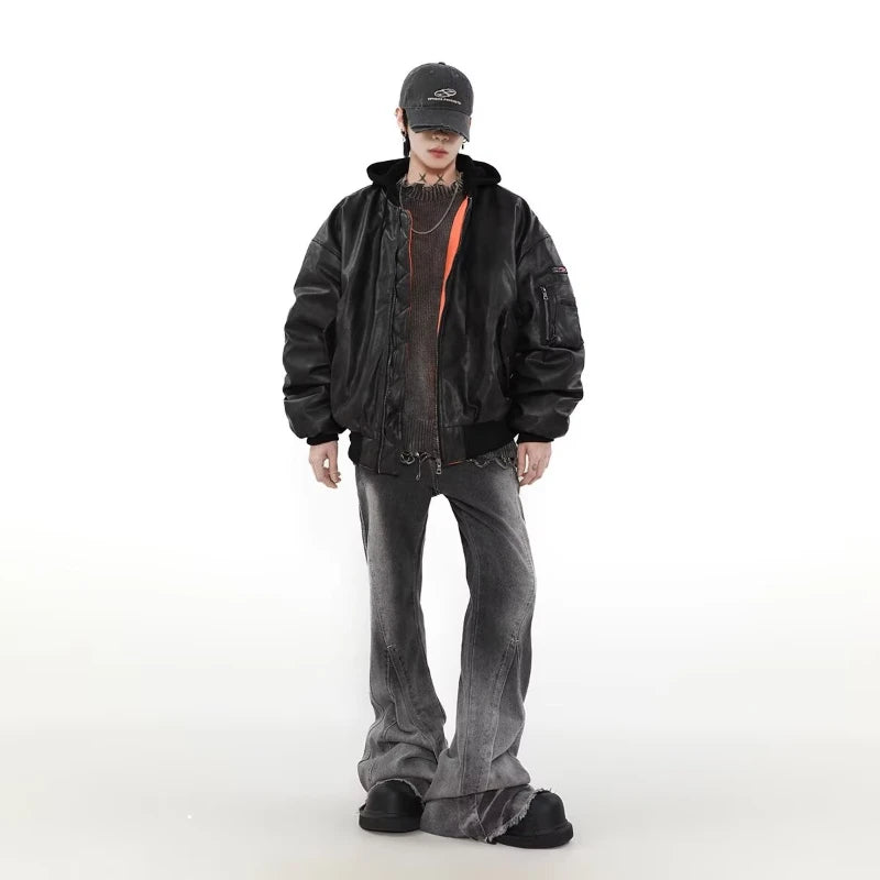 Winter American Fake Two Pieces Parkas Mens Heavy Weight Thicken Hip Hop PU Leather Cotton Jacket Trend Loose Motorcycle Coats