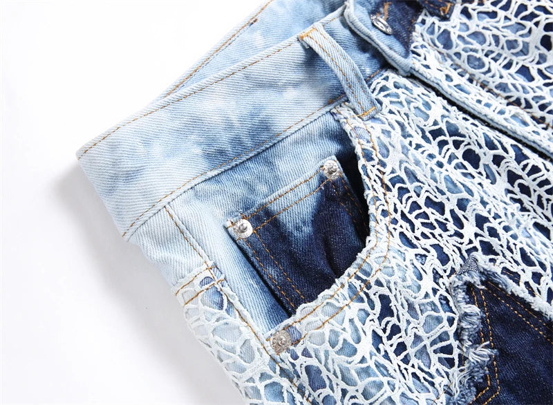 fashion stars patchwork mesh denim jeans new casual slim fit biker trousers skinny jeans men streetwear hip hop pants joggers unique joggers style 327