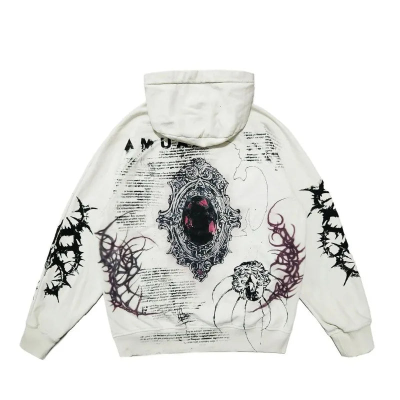 American High Street Fashion Brand Anime Graffiti Print Zipper Hoodie