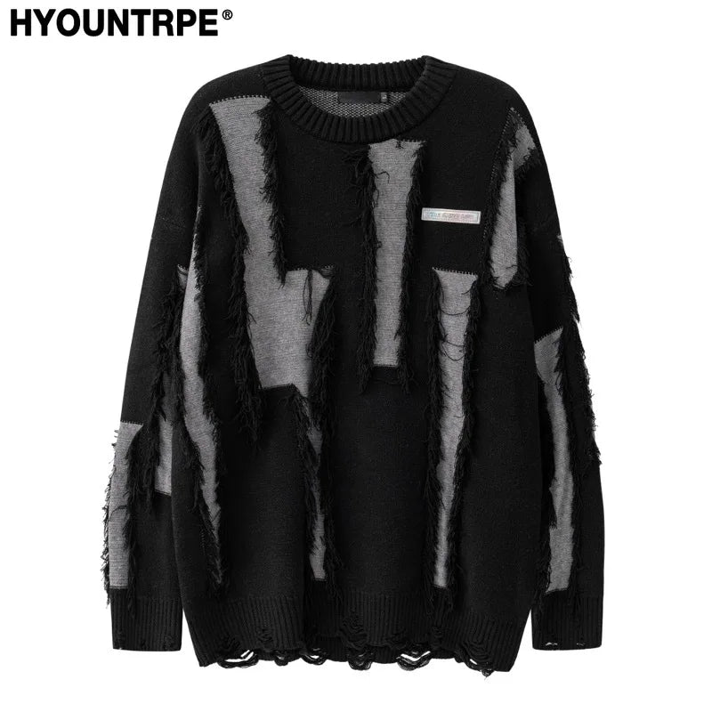 hip hop knitted oversized sweater mens ripped tassel holes pullover streetwear unisex new casual loose sweaters jumpers knitwear - oversized streetwear hoodie, bold artwork streetwear hoodie, vintage look oversized hoodie