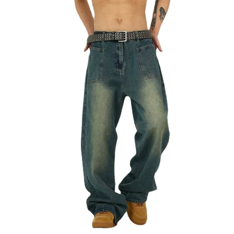 retro washed denim baggy jeans pants unisex hip hop fashion streetwear harajuku loose wide leg straight y2k pants joggers men unique joggers style 485