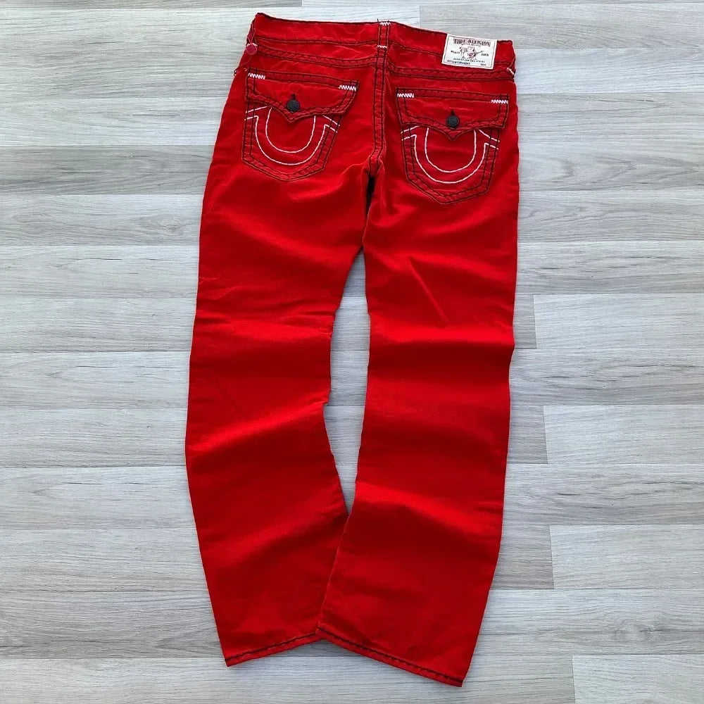 true faith embroidered jeans vintage street gothic loose casual denim hip hop red trousers couples baggy pants y2k clothes unique jeans style 4083