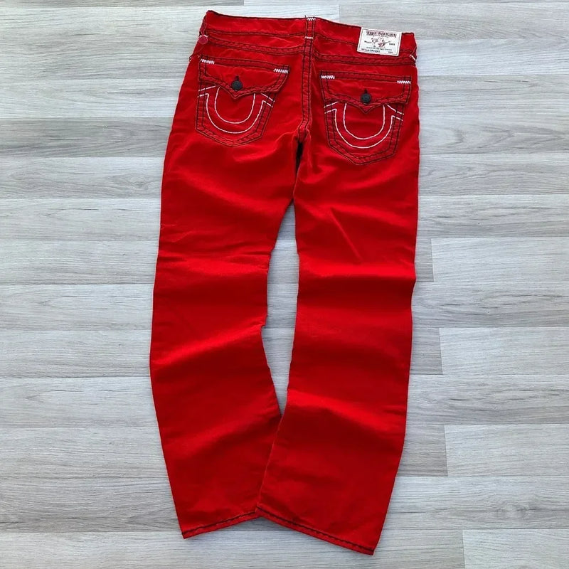 true faith embroidered jeans vintage street gothic loose casual denim hip hop red trousers couples baggy pants y2k clothes unique jeans style 4083
