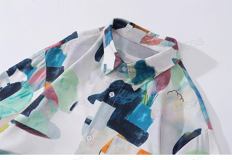 High Street Abstract Colorblock Painting Hawaiian Shirts for Men Autumn Trendy Shirt Oversized