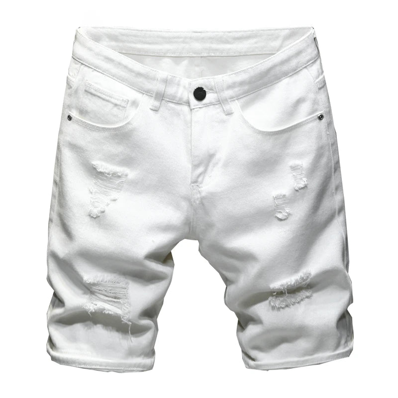 new white jeans shorts men fashion ripped knee length pants simple casual slim hole denim shorts male streetwear unique jeans style 1195