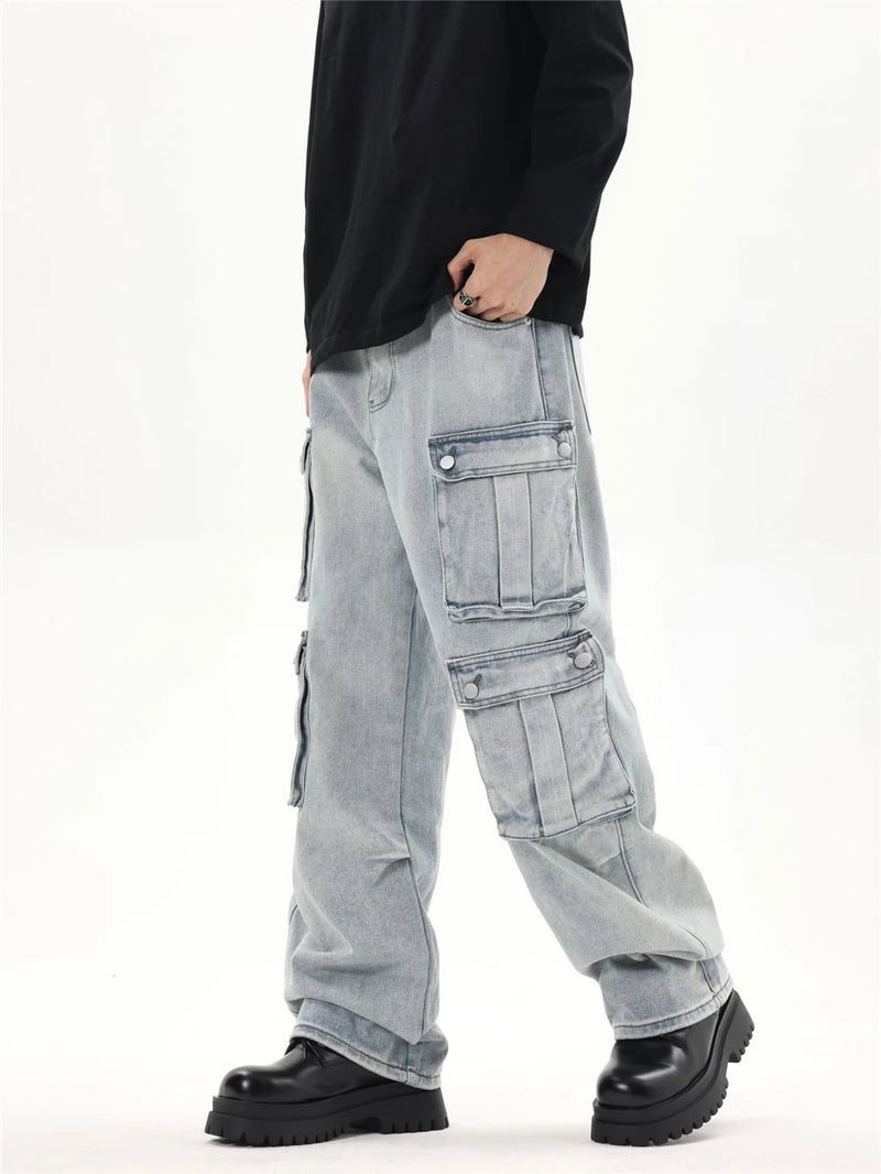 2024 multi pocket jeans vintage mens harajuku cargo denim pants retro hip hop straight loose jean pants unique cargo style 892