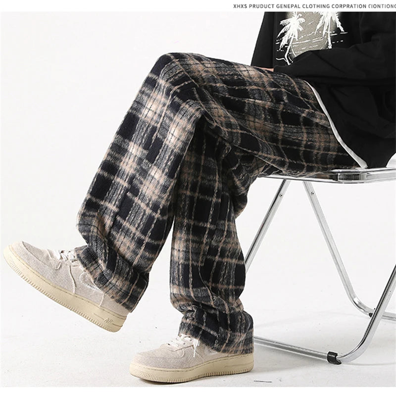 new mens y2k plaid casual baggy trousers autumn korean fashion straight woolen pants y2k vintage streetwear pantalones hombre unique default style 412