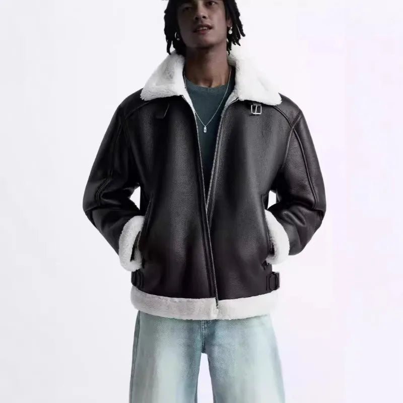 Warm Winter High-quality Lapel Suede Cashmere Piping Double-sided Motorcycle Punk Leather Jacket For Men