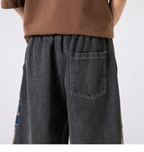 denim shorts mens trendy streetwear washed shorts side embroidery patchwork jeans shorts casual track pants unique jeans style 3288