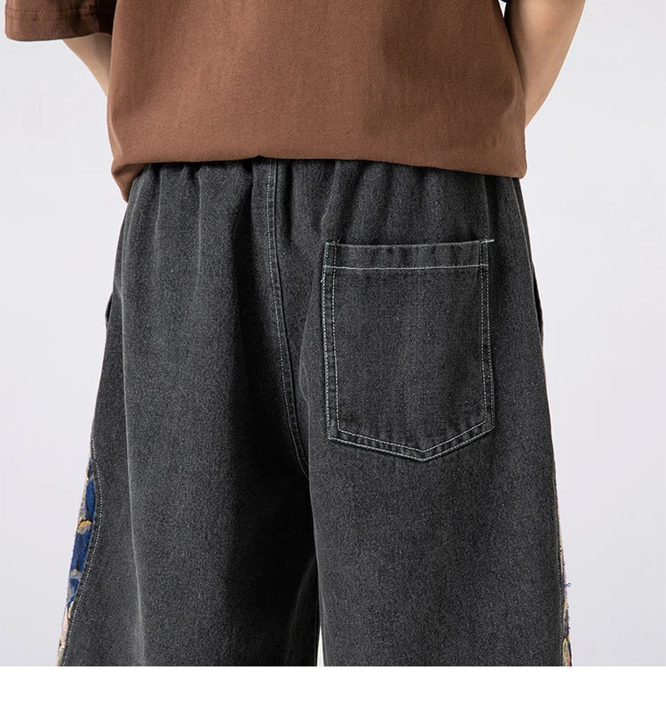 denim shorts mens trendy streetwear washed shorts side embroidery patchwork jeans shorts casual track pants unique jeans style 3288