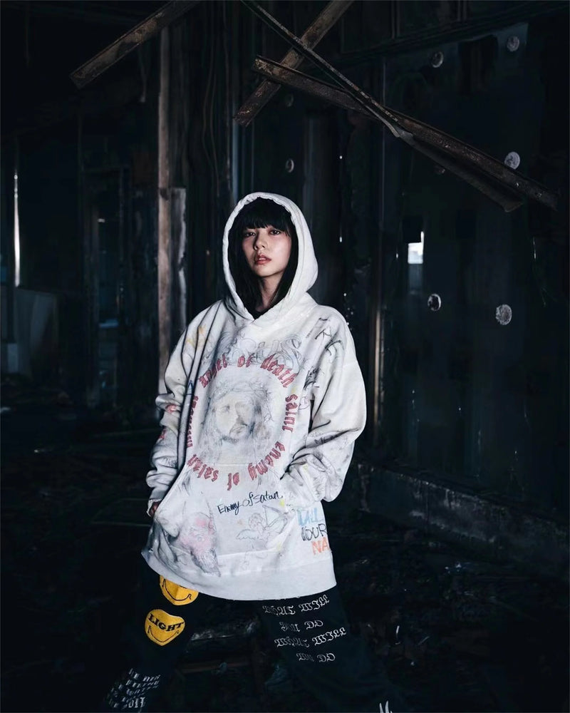 2024 New Arrival Vintage SM Brand Fashion Hand painted Graffiti Vintage ripped distressed hoodie Sweatshirt