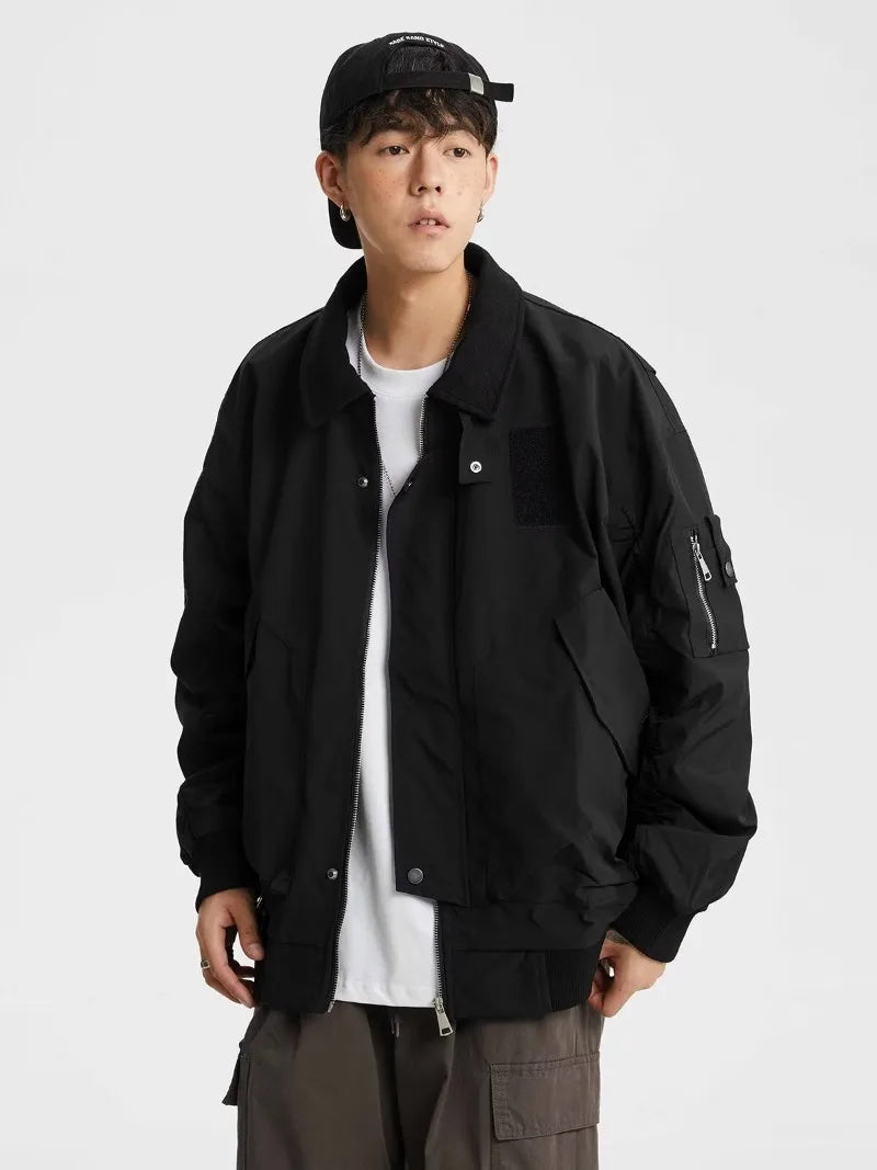 retro baseball bomber, cold season style, for men, fall streetwear outfit, oversized style, layered fashion, modern aesthetic