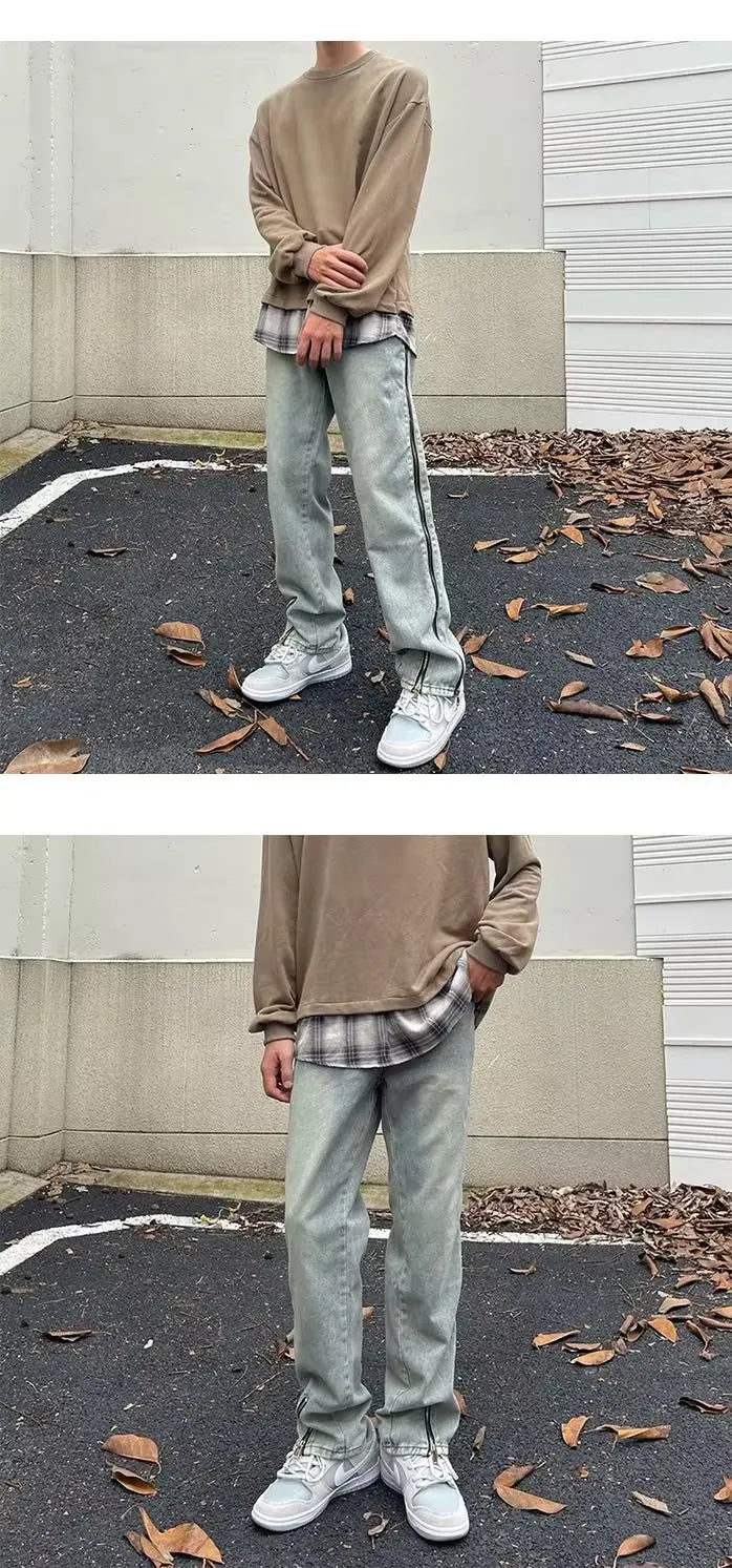2023 new fashion side zipper hip hop men stretch jeans pants streetwear washed retro straight women denim trousers ropa hombre unique jeans style 730
