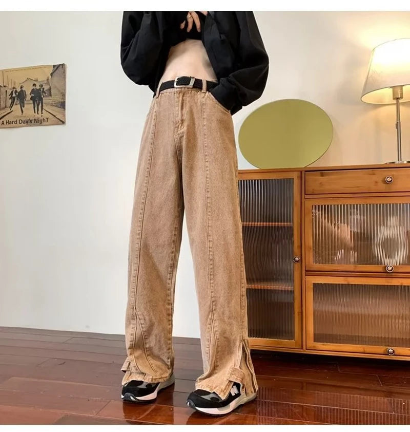 2023 korean fashion ankle zipper vintage brown men jeans pants luxury straight hip hop casual denim trousers pantalones hombre unique jeans style 242