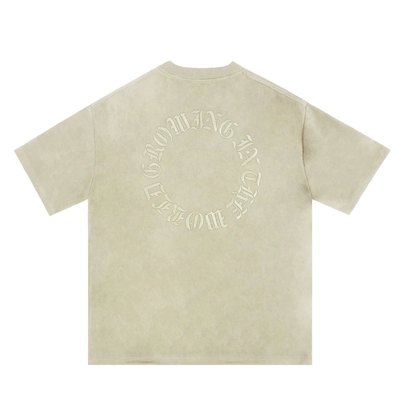 Original Letter Embroidery O Neck Suede Summer Short Sleeve Streetwear Casual Oversized Top