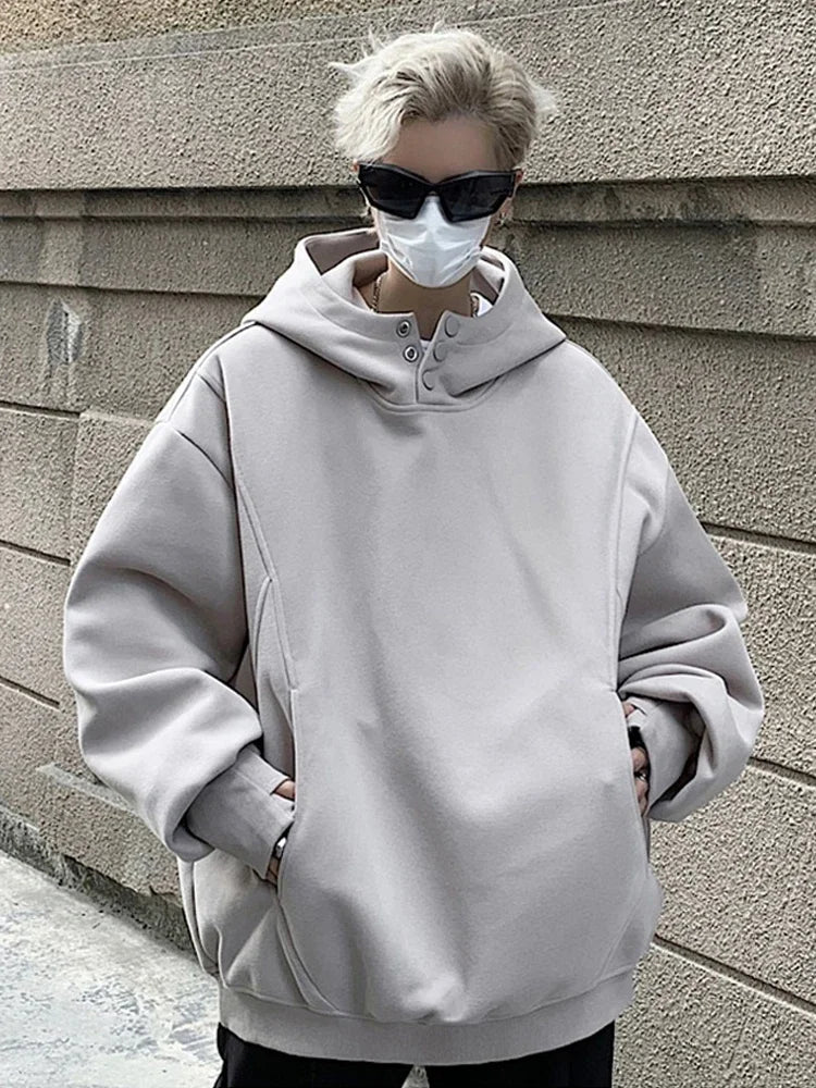 New Retro Button Neck Hooded Sweatshirts For Men Autumn Fleece Y2K Vintage Hoodies Hip Hop Fashion Streetwear Pullover Hoodie