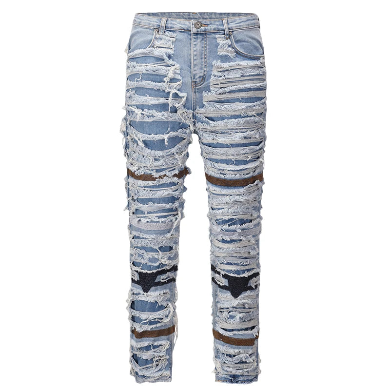 destroied ripped denim jean pants men distressed washed patchwork biker jeans fashion moustache high street slim pants joggers casual joggers