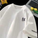 Glitchcore Aesthetic drop – 2024 Summer Letter Embroidered Waffle T Shirt Mens Y2K Vinta