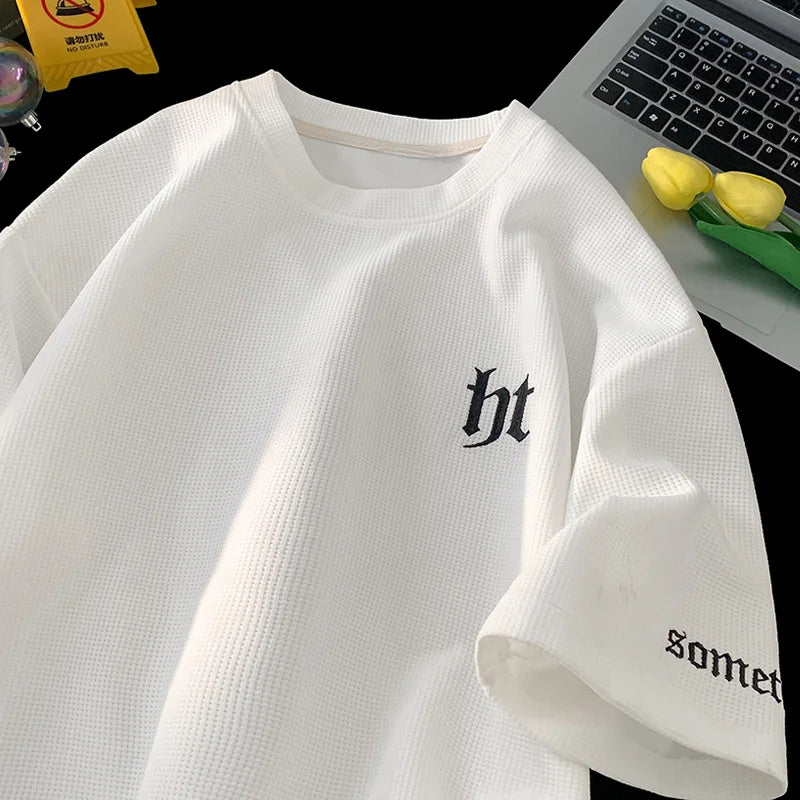 Glitchcore Aesthetic drop – 2024 Summer Letter Embroidered Waffle T Shirt Mens Y2K Vinta