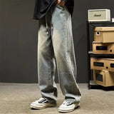 elastic waist baggy jeans for men side striped wide leg denim pants korean fashion casual trousers y2k vintage jean hombre urban skinny jeans