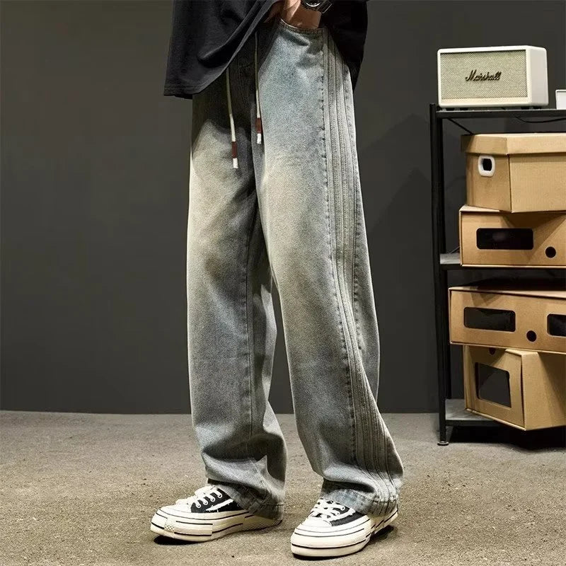 elastic waist baggy jeans for men side striped wide leg denim pants korean fashion casual trousers y2k vintage jean hombre urban skinny jeans