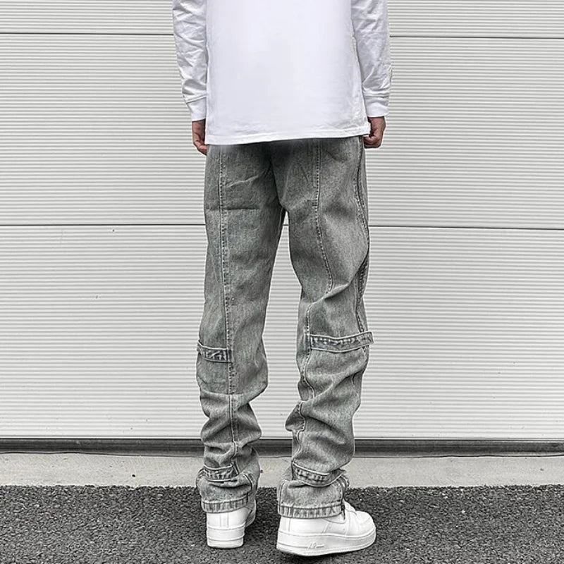 side long zipper open denim jeans mens elastic waist straight biker trousers jeans fashion streetwear hip hop jean pants joggers sporty tapered joggers