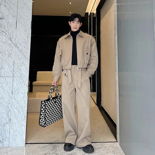 men 2 pieces sets quilted short cargo jacket pant autumn winter korean streetwear casual thicken bomber coat trousers suits unique cargo style 2775