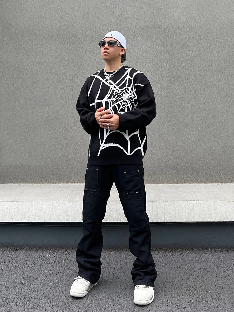 hip hop harajuku spider web pattern knitted sweater unisex pullover streetwear winter casual loose sweater warm jumper knitwear - high quality cotton hoodie, unisex casual winter pullover, oversized streetwear hoodie