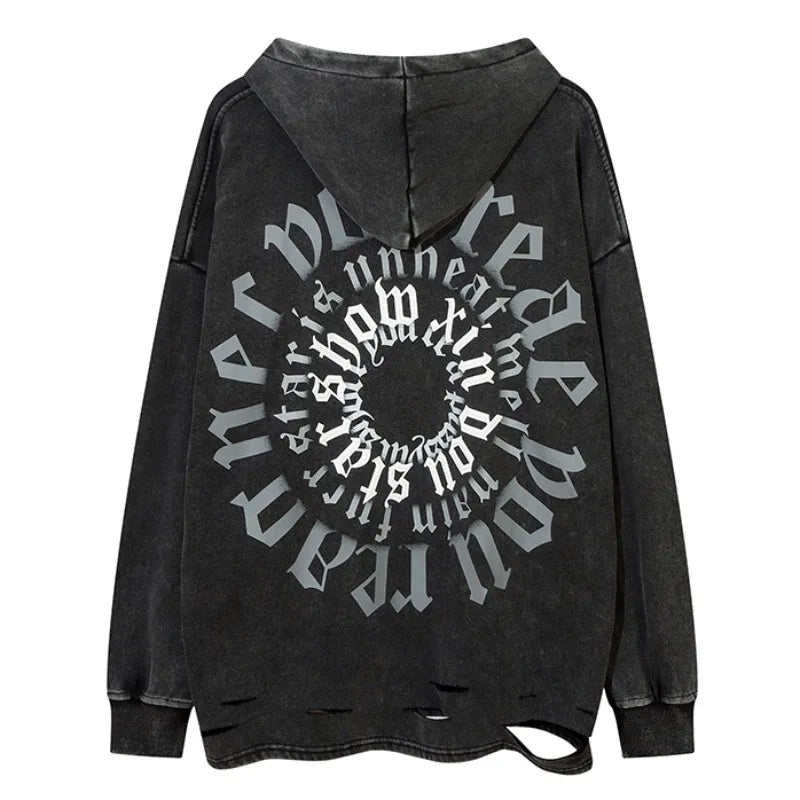 Y2K oversized shirt featuring fashion letter printed hoodie hip hop retro washed bottom ripped sweatshirt streetwear men hooded warm fleece loose tops hoodies