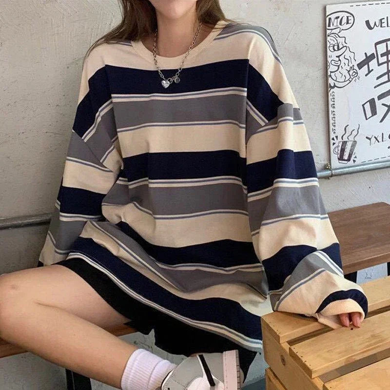 Harajuku Vintage print – Women T Shirts Striped Sweatshirt Thin Tops 2024 Spring Wome