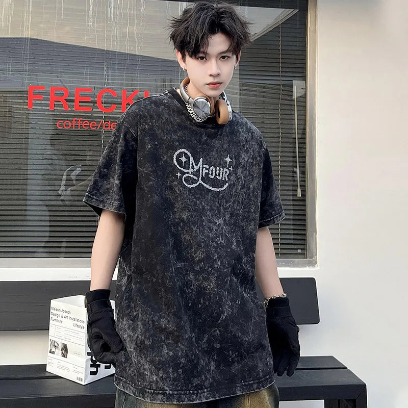 Vaporwave Broken heart – Men Retro T Shirts Rhinestone Wing Washed Short Sleeve T Shi
