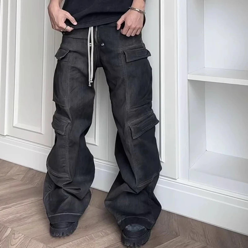 ro style ribbons wide leg multi pockets smoke grey baggy jeans for men straight pantalones hombre drawstring denim trousers unique jeans style 1196
