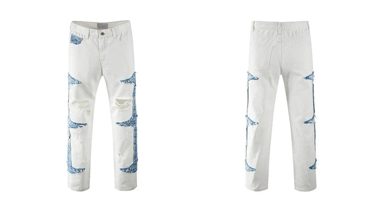 mens high street denim jean pants casual loose destroyed ripped holes straight jeans side patchwork hip hop streetwear joggers unique joggers style 2752
