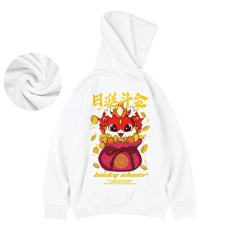Lucky Cheer Dragon Printed Hoody Man Y2K Streetwear Clothes Fleece Hip