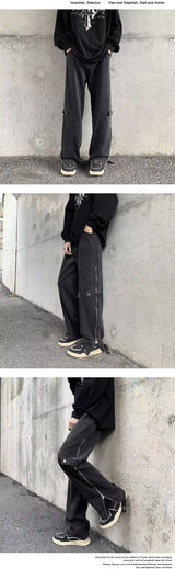2023 cool design side zipper baggy men cargo jeans pants vintage brown straight cotton hip hop long trousers pantalones hombre unique cargo style 5834