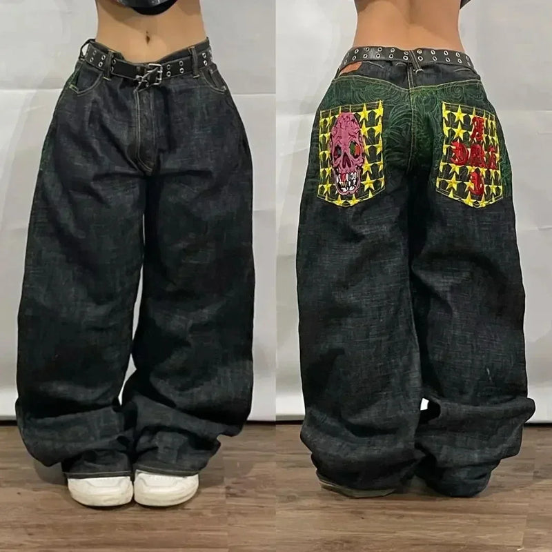 baggy jeans men and women retro harajuku hip hop high waist wide leg trouser y2k new protect jeans letter embroidery washed blue unique jeans style 2538