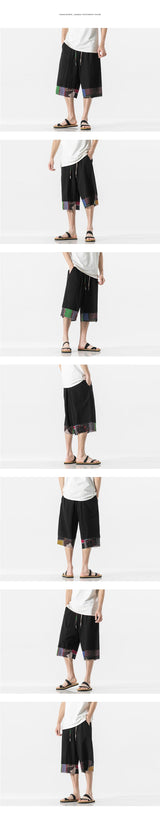 mens summer thin linen shorts loose straight mens pants japanese patchwork wind over the knee beach pants unique shorts style 3256