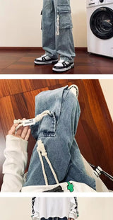 american retro and personalized straight leg jeans for men and women with hiphop big pocket design work pants loose casual pants unique jeans style 765